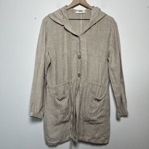 Kathryn Asahino Women 100% Linen Jacket Medium Tan‎ Lagenlook Chore Hooded Tunic